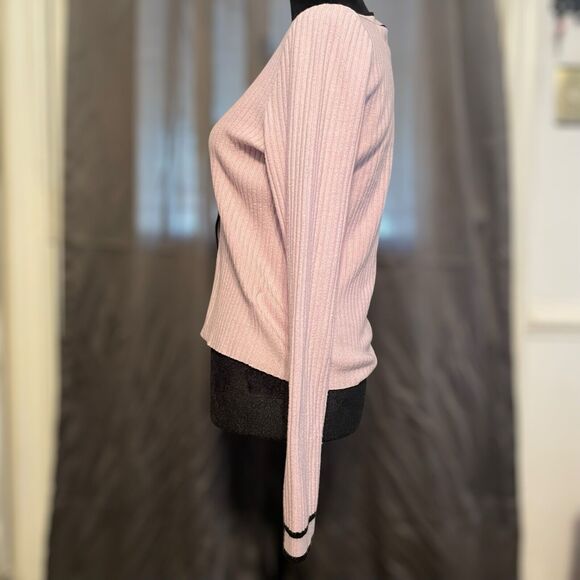 Express Pink Ribbed V-Neck Cardigan Black Trim Gold Buttons Classic Elegant Med - Picture 6 of 13